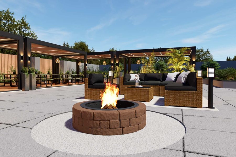 The fire pit and lounge seating at Robata Albany by day