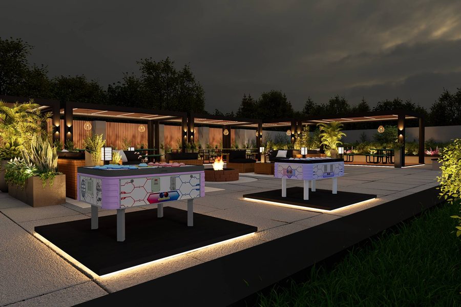 Games tables on the Robata Albany patio at night